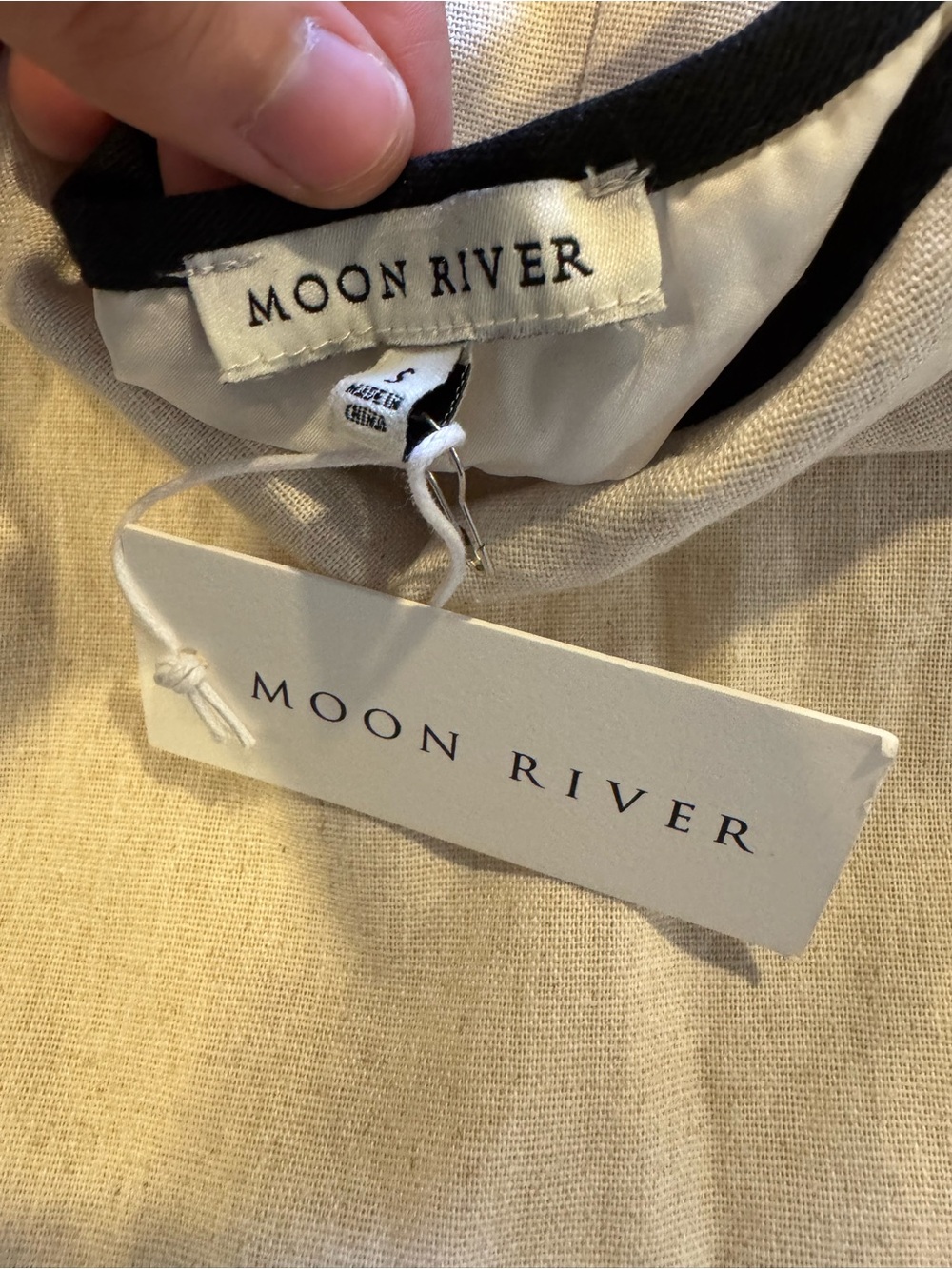 NWT Moon River Linen Blend Contrast Trim Midi Skirt Beige Black S